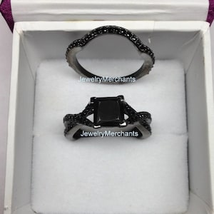 Engagement Ring Set 2.60 Ct Princess Cut Black Moissanite Bridal Ring Set 925 Sterling Silver 14K Black Gold Over Wedding Ring Set See Video