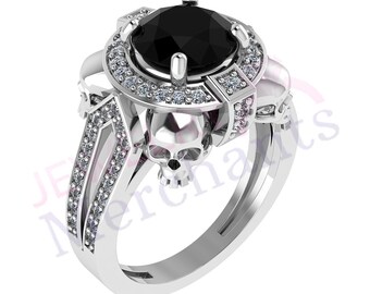 Gothic Skull Ring: 3.00 Ct Black Moissanite, Solid 925 Sterling Silver, Horror Engagement