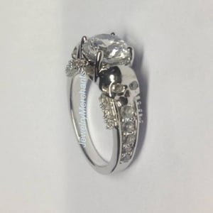 Skull Engagement Ring 2.25 Ct White Lab Sapphire Round Gothic Wedding Ring 925 Sterling Silver 14K White Gold Over Promise Ring See Video