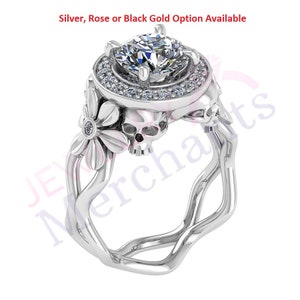 Bague de fiançailles tête de mort gothique en argent sterling 925 de 2,50 ct avec diamant blanc rond 14 carats blanc/noir/plaqué or rose Bague de fiançailles florale tête de mort