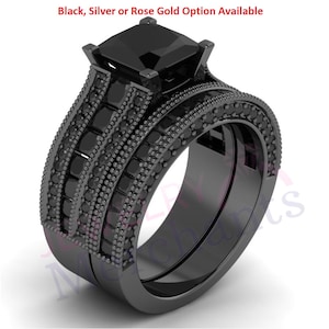 Wedding Ring Set 3.25 Ct Princess Cut Black Diamond Wedding Bridal Ring Set Solid 925 Sterling Silver Engagement Ring with Wedding Band Set