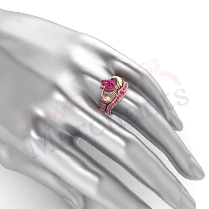 Irish Claddagh Ring Set 3.00 Ct Lab Made Pink Sapphire Heart Shape Engagement Ring Wedding Band Set 925 Sterling Silver 14K Rose Gold Finish