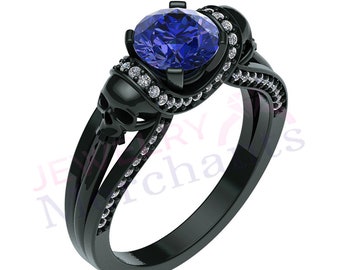 Skull Engagement Ring: 2.60 Ct Blue Sapphire, Gothic 925 Sterling Silver Black Gold Finish