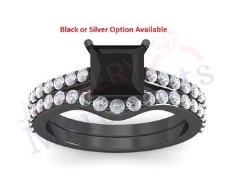 Bridal Wedding Ring Set 2.25 Ct Princess Black Diamond Engagement Ring with Wedding Band Set 925 Sterling Silver Engagement Wedding Ring Set