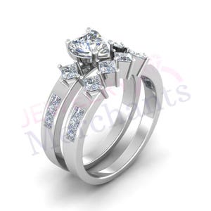 Wedding Ring Set 2.70 Ct Man Made White Sapphire Heart Shape Engagement Ring Set 925 Sterling Silver 14K White Gold Finish Bridal Ring Set