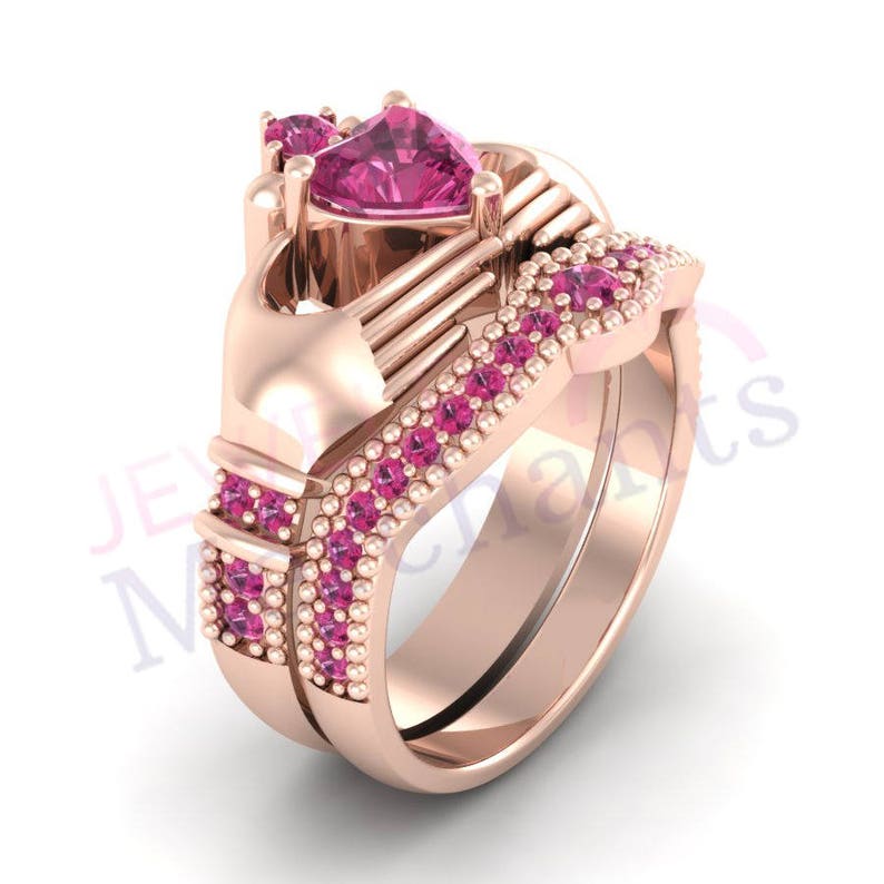 Irish Claddagh Ring Set 3.00 Ct Lab Made Pink Sapphire Heart Shape Engagement Ring Wedding Band Set 925 Sterling Silver 14K Rose Gold Finish