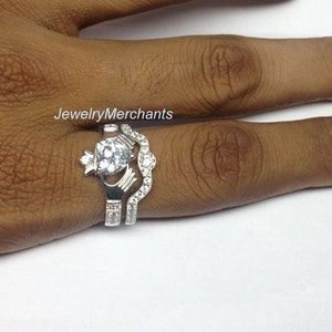 Irish Claddagh Engagement Ring Set: 2.65 Ct Heart Sapphire, Solid 925 Sterling Silver