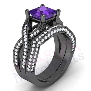 Purple Sapphire Bridal Ring Set: Princess Cut, Black Gold Plated Solid 925 Sterling Silver