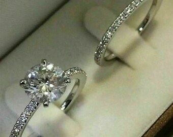 2.80Ct Round Cut White Moissanite Bridal Ring Set, Engagement Wedding Ring Set, 14k White Gold Ring with Band Set, VVS1 Diamond Ring Set