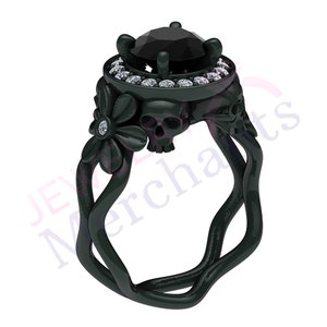 Bague de fiançailles de tête de mort fleur 2,45 Ct coupe noir Moissanite gothique bague de mariage 925 argent Sterling 14K noir Halloween plaqué or bague ronde