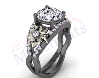 Unique Floral Engagement Ring 3.15 Ct Round White Diamond Wedding Ring 925 Sterling Silver 14K Black Gold Finish Flower Design Bridal Ring