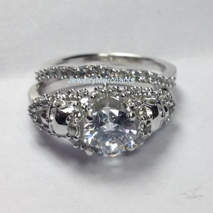 Gothic Skull Engagement Wedding Ring Set: 925 Sterling Silver, 14K White Gold Over