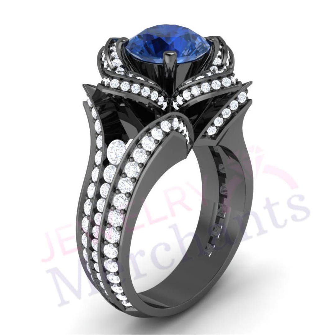 Bague Fiançailles Saphir De Labo 3,25 Ct - Or Blanc 14k - Coupe Ronde - Taille 8.5 (ajustable) - Neuf