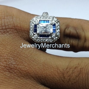 Art Deco Emerald Cut Engagement Ring: 2.75Ct Lab Sapphire, Solid 925 Sterling Silver