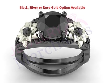 Black Diamond Flower Engagement Ring: 925 Sterling Silver Floral Wedding Ring