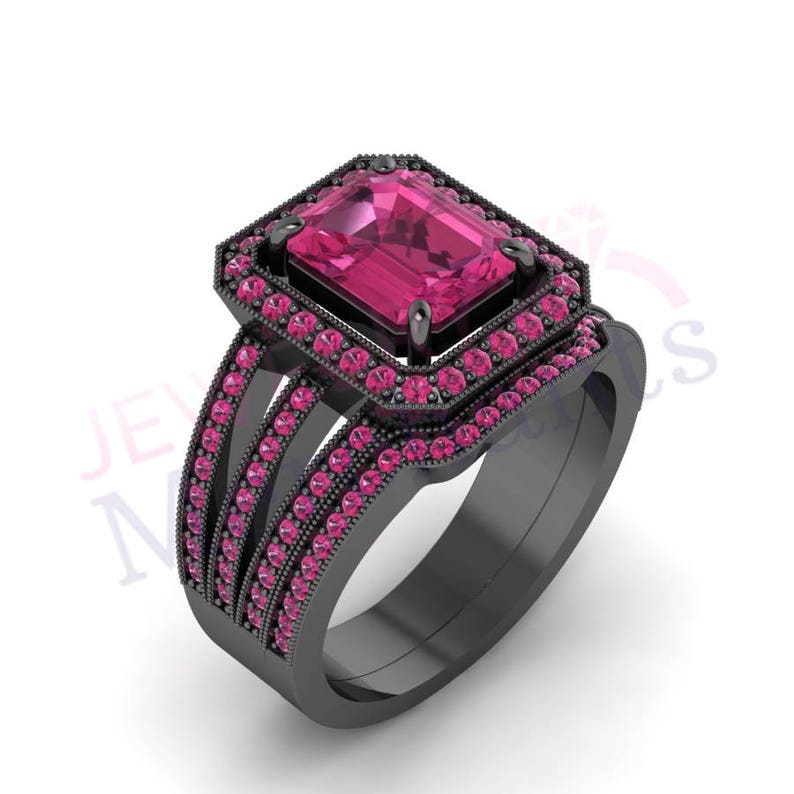 Pink Sapphire Engagement Ring Set 3.10 Ct Lab Made Antique Wedding Ring Set Solid 925 Sterling Silver 14K Black Gold Plated Bridal Ring Set