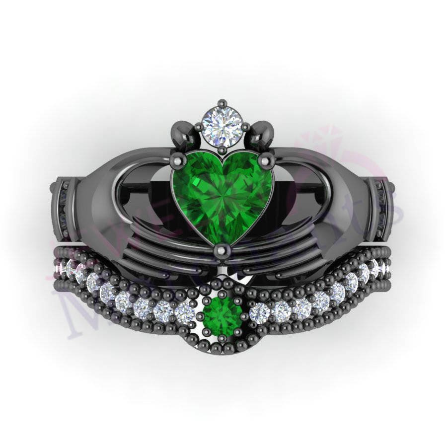 Irish Claddagh Wedding Ring Set 3.15 Ct Green Lab Emerald