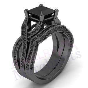 Black Moissanite Princess Cut Engagement Ring Set: 14K Black Gold Over 925 Sterling Silver