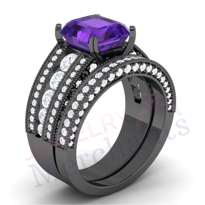 Promise Ring Set 3.05 Ct Man Made Purple Sapphire Emerald Cut Etsy