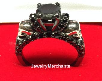 Skull Engagement Ring 2.35 Ct Round Black Diamond Gothic Wedding Ring 925 Sterling Silver 14K Black Gold Plated Halloween Ring See Video