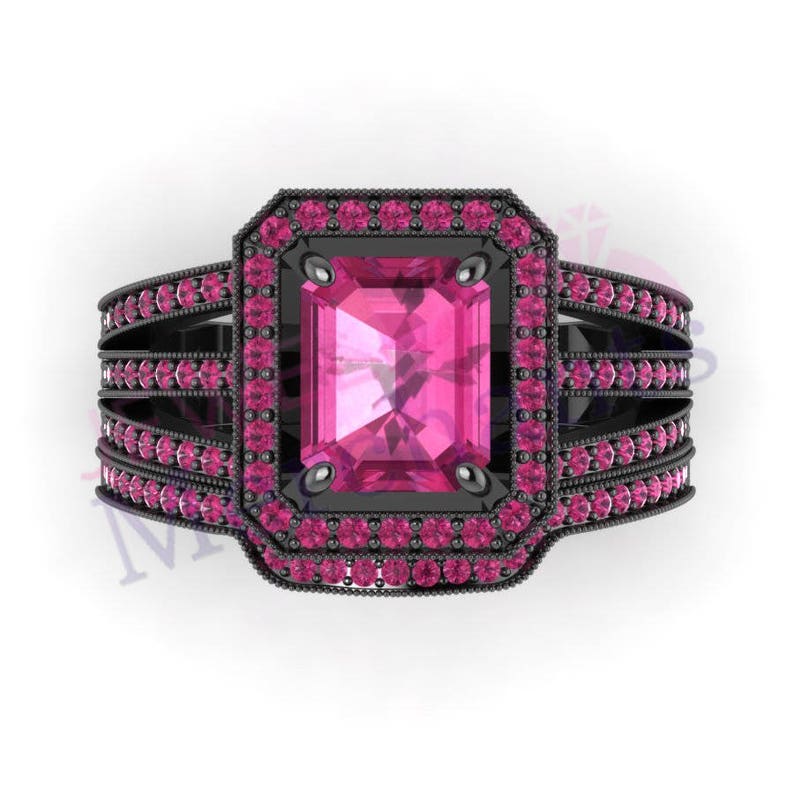 Pink Sapphire Engagement Ring Set 3.10 Ct Lab Made Antique Wedding Ring Set Solid 925 Sterling Silver 14K Black Gold Plated Bridal Ring Set
