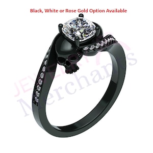 Skull Engagement Ring: 2.20 Ct Cushion Cut Diamond, Sterling Silver Gothic Wedding Ring