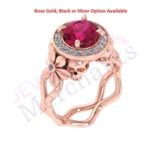 Floral Skull Engagement Ring: 2.50 Ct Pink Sapphire, Solid 925 Sterling Silver