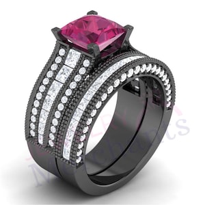 Princess Cut Pink Lab Sapphire Engagement Ring Set: Black Gold Over 925 Sterling Silver