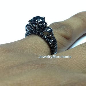Gothic Skull Wedding Ring 2.30 Ct Round Black Moissanite Engagement Ring 925 Sterling Silver 14K Black Gold Finish Halloween Ring See Video