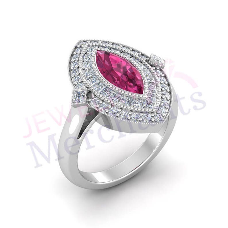 Handmade Engagement Ring 2.75 Ct Pink Lab Sapphire Marquise Cut Wedding Ring 925 Sterling Silver 14K White Gold Plated Promise Ring for Her