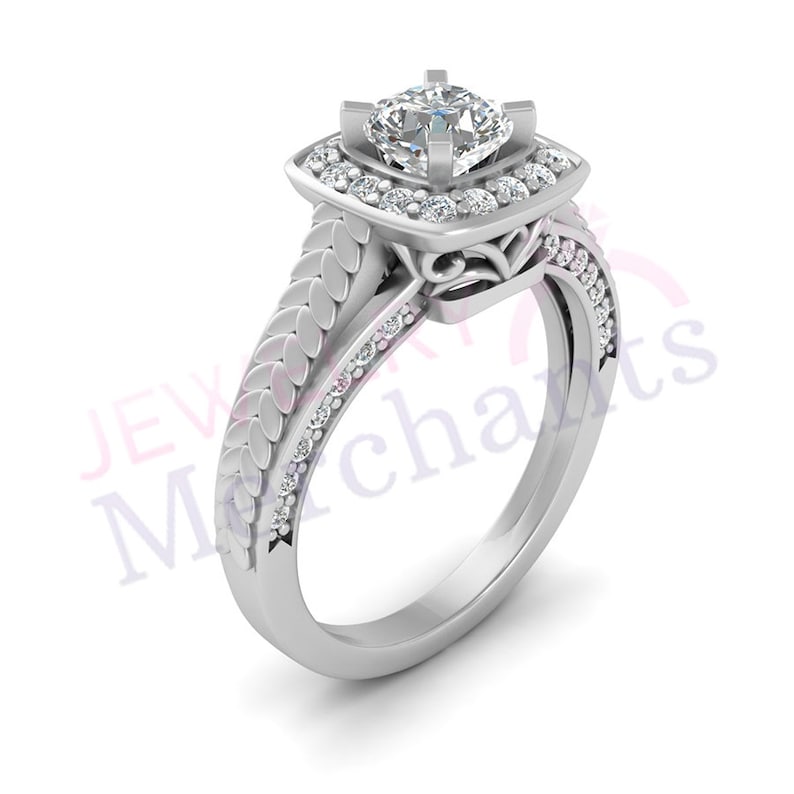 Halo Diamond Engagement Ring 2.10 Ct Simulated Cushion Diamond Unique Engagement Ring Solid 925 Sterling Silver Engagement Ring for Women
