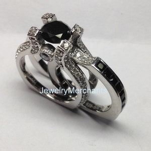 Unique Engagement Ring Set 2.30 Ct Round Black Diamond Bridal Wedding Ring Set 925 Sterling Silver 14K White Gold Finish Promise Ring Set