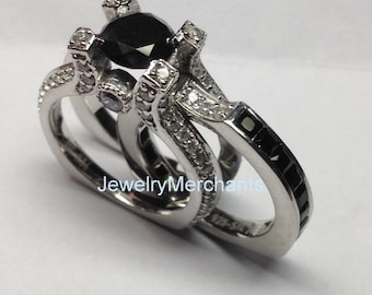 Unique Engagement Ring Set 2.30 Ct Round Black Diamond Bridal Wedding Ring Set 925 Sterling Silver 14K White Gold Finish Promise Ring Set