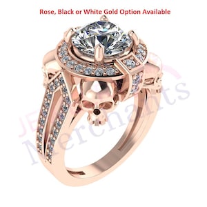 Skull Engagement Ring: 3.00 Ct Round Diamond, Sterling Silver Gothic Wedding Ring