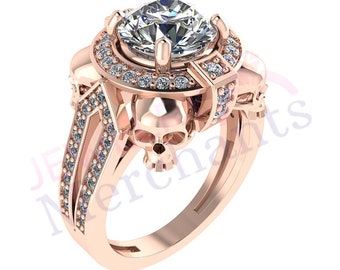 Skull Engagement Ring: 3.00 Ct Round Diamond, Sterling Silver Gothic Wedding Ring