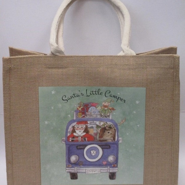 1 x Large Jute Hessian Bag with Volkswagon Camper Van Christmas Theme Design L35 x W39 x D18CM (Green with Purple VW)