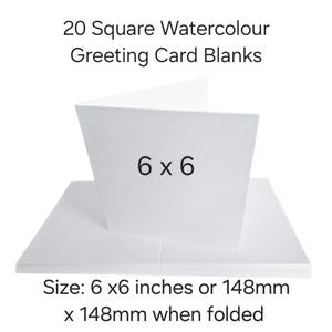May include: A stack of 20 blank square watercolor greeting cards. The cards are white and measure 6 x 6 inches when folded. The image includes the text "20 Square Watercolour Greeting Card Blanks" and "Size: 6 x6 inches or 148mm x 148mm when folded."