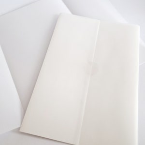 Może przedstawiać: Stos pustych, białych kartek papieru z półprzezroczystą okładką z welinu. Papier ułożony jest na białej powierzchni, z okładką z welinu częściowo otwartą, odsłaniającą strony wewnątrz. Ogólna kompozycja jest czysta i minimalistyczna.