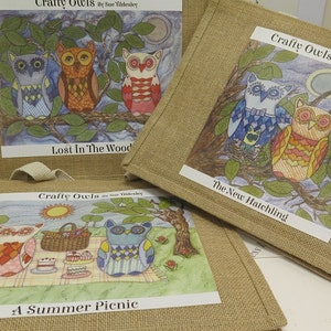1 x Hessian Jute Shopping Bag Crafty Owls (by Sue Tildesley) Available in 3 Designs in either Large or Medium