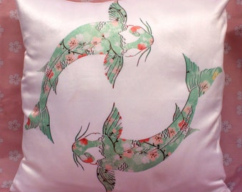 Unique Sublimated Pillow Cover, Green Floral Pattern Koi Fish in Circular Motion