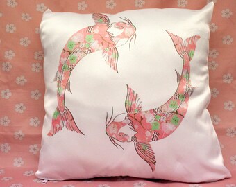 Unique Sublimated Pillow Cover, Pink Floral Pattern Koi Fish in Circular Motion