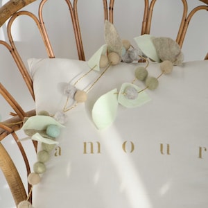 Garland of foliage mint and beige felted wool balls beige eucalyptus mint for spring decoration