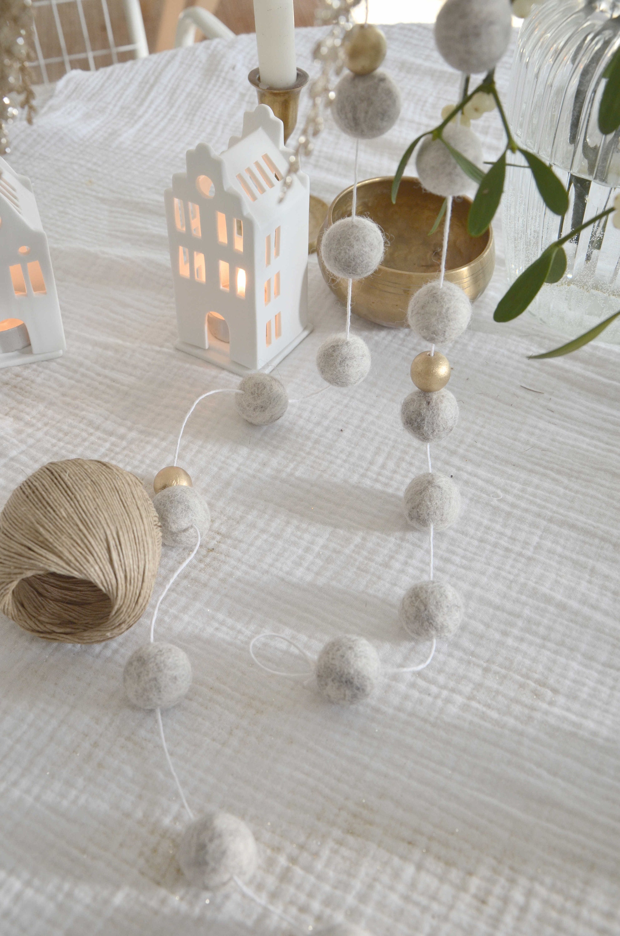 Guirlande Jute Or en Laine Feutrée Pour Le Sapin de Noël