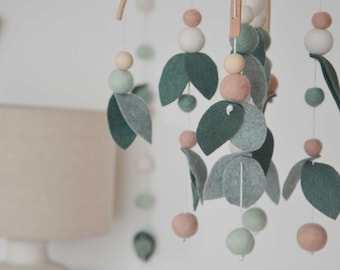 Baby mobile mint pink sugared foliage and wooden balls