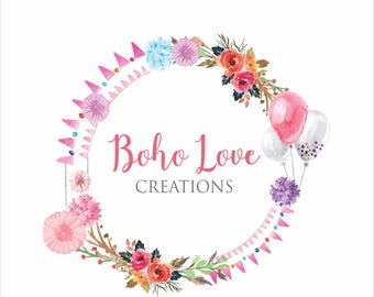 Premade Logo Design-Boho Logo-Logo Design-Watercolor Logo-Party Logo-Floral Logo-Flower Logo-Crafty Boutique-Balloon Logo-Custom Logo Design