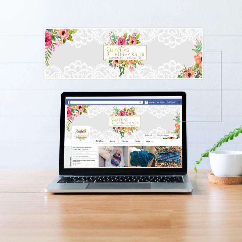 May include: A laptop computer displaying a Facebook page for a business called "Sweet as Honey Knits". The page features a banner image with a floral design and the business name in gold lettering. The page also includes a timeline, about section, friends list, photos, and more.