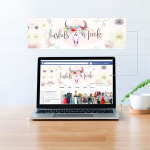 May include: A laptop computer displaying a Facebook page for a business called "bushels & a peek". The page features a pink and white floral design with a skull and crossbones logo. The text "bushels & a peek" is written in a cursive font.