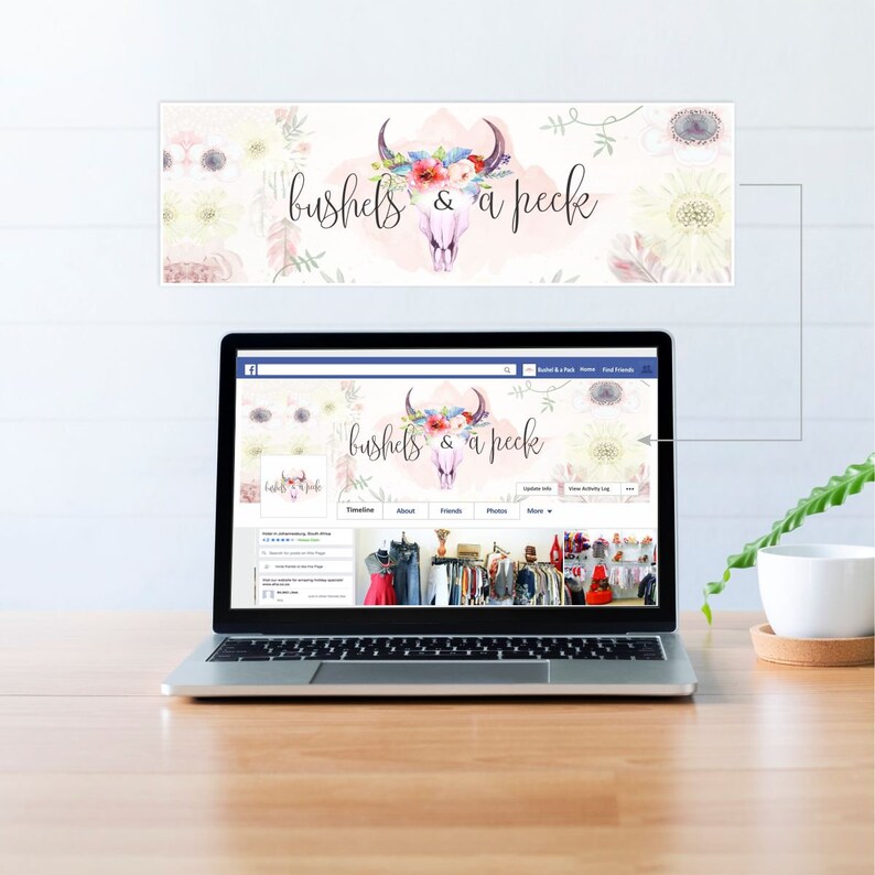 May include: A laptop computer displaying a Facebook page for a business called "bushels & a peek". The page features a pink and white floral design with a skull and crossbones logo. The text "bushels & a peek" is written in a cursive font.