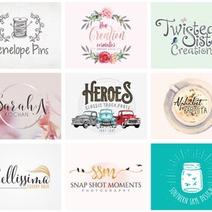 May include: A collage of nine different logo designs for various businesses. The logos feature a variety of styles, including hand-drawn, vintage, and modern. Some of the logos include text, while others feature illustrations. The logos are all set against a white background.