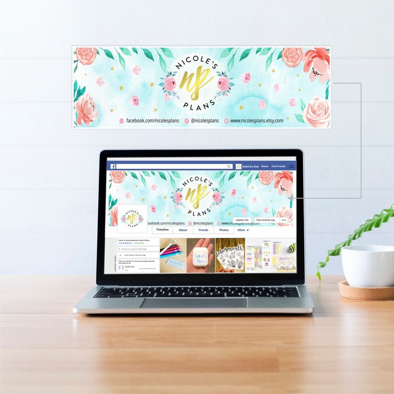 May include: A laptop computer displaying a Facebook page for a business called "Nicole's NP Plans". The page features a watercolor floral design with a gold logo and links to the business's social media accounts and Etsy shop.